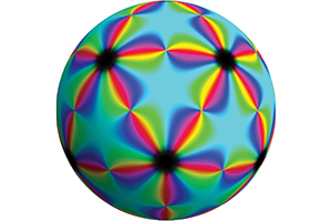 The Brioschi parameter B(z) on S2. The absolute value maps to the brightness, while the argument maps to the hue. Image of light blue sphere with five-pointed flower images with black center and purple, pink, red, yellow, and green colored petals.